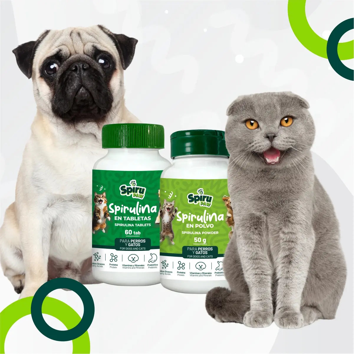 Pack x2 Espirulina en polvo y tabletas SPIRU PAW para perros y gatos