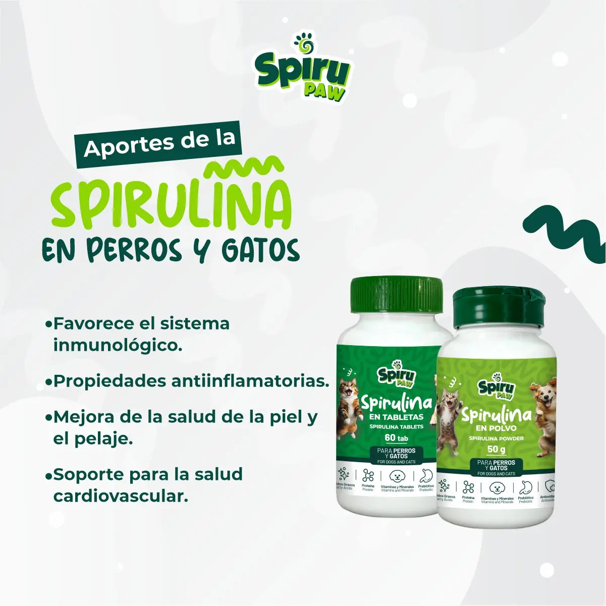 Pack x2 Espirulina en polvo y tabletas SPIRU PAW para perros y gatos
